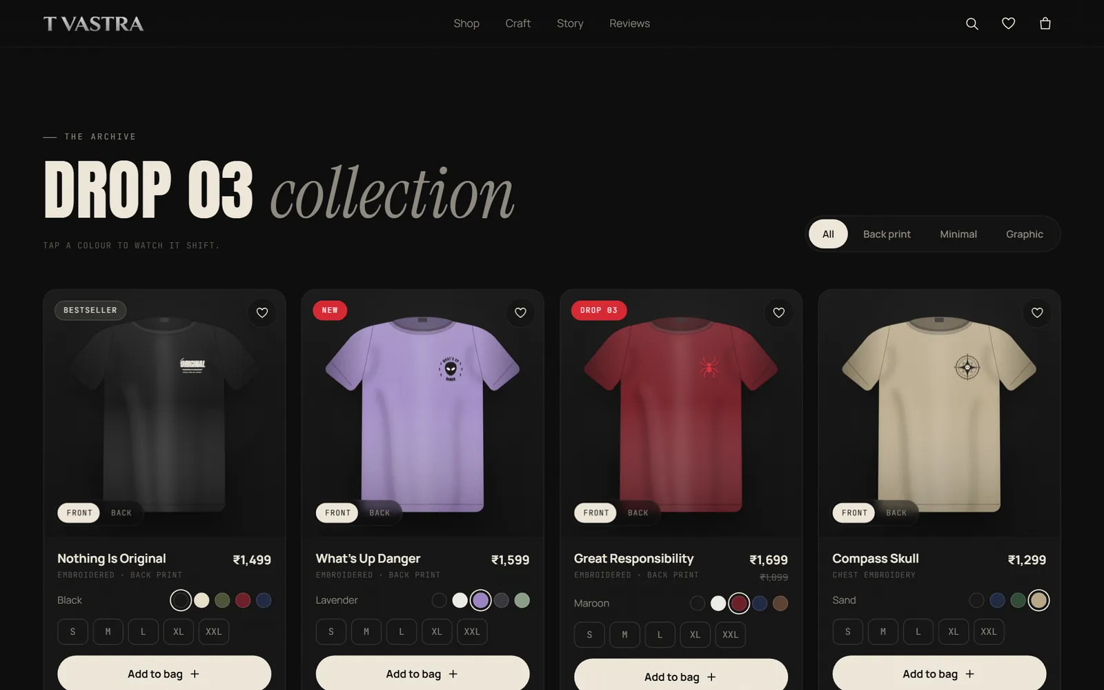 Collection grid with four tees in different colours