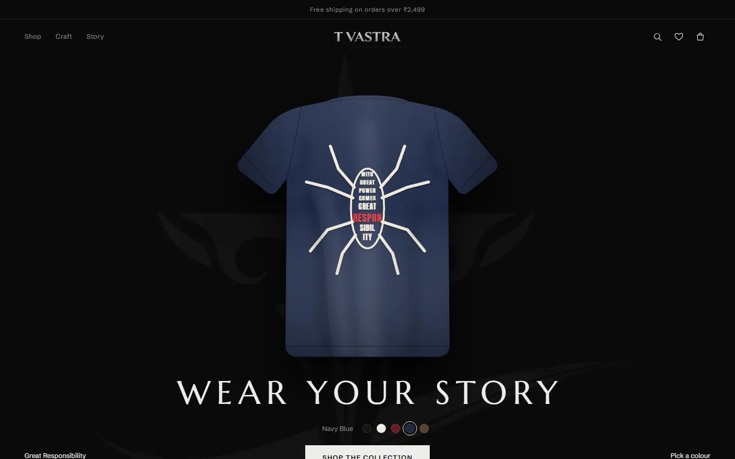 Explored direction: centred navy tee under a spaced Roman-serif headline