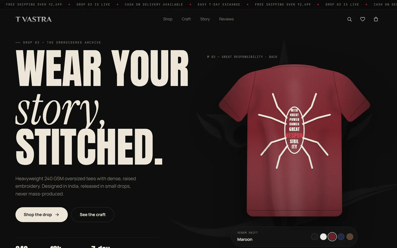 T Vastra landing page: bold type and a maroon tee on a black background with the logo emblem behind it