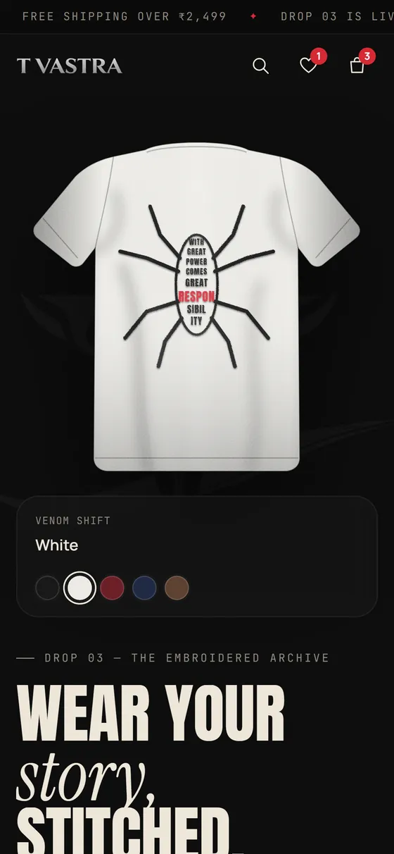 T Vastra on mobile: hero with the colour picker