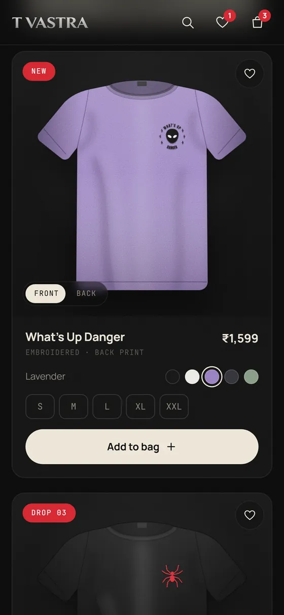 T Vastra on mobile: product card in lavender